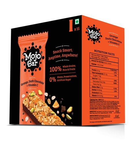 [BRSWGFATOYIRU2AV] Mojo Bar Energy Bars Orange Dark Chocolate & Vitamin C | 100% Whole Grains, Nut & Fruit | High Energy & Granola Bars | Pack of 15 x 32g Energy Bars | Gluten Free & No Preservatives