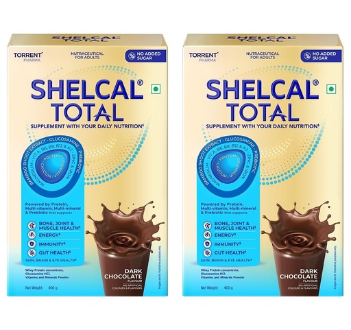 [BRSRGGIBBF4B6F32] Shelcal Total - Powered by Protein, Multi-Vitamin, Multi-Mineral & Prebiotic supports Bone, Joint & Muscle, Immunity, Gut Health, No Added Sugar (Dark Chocolate) 400g - By Torrent Pharma, Pack of 2
