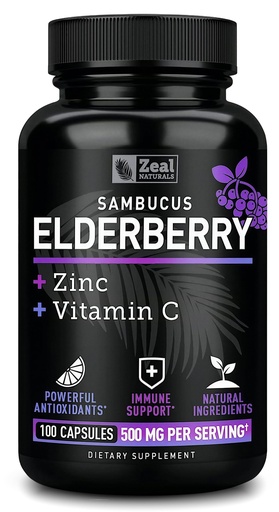 [BRSWYZY3CN7GAHTP] Zeal Naturals Max Strength Elderberry Capsules - 500mg, 100 Capsules | Sambucus Black Elderberry, Vitamin C, and Zinc | 3-in-1 Immune Support Supplement for Adults