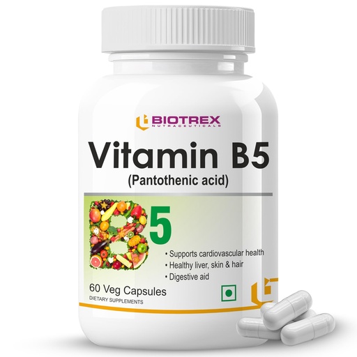 [BRSRAZYQBAGRMCDL] Biotrex Nutraceuticals Vitamin B5 (Pantothenic acid) Supplement | Daily 100% RDA | Energy & Metabolism | Nerve Health | Healthy Cholesterol Levels | Hair, Skin & Nails | Lab Tested | 60 Veg Capsules