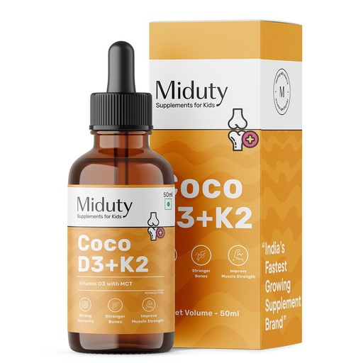 [BRSREBT6BYBBQF3L] Miduty Coco D3 + K2 Vitamin D3 Drops for Babies & Kids | 600 IU D3 with MK-7 (K2) | Cholecalciferol + MK-7 for Stronger Bones, Teeth, Joints & Immunity | 50 ml