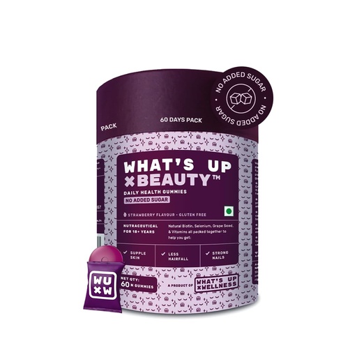 [BRSROBIQOABBGH32] What's Up Wellness Beauty Hair Gummies for Hair Growth, Glowing Skin & Nails | No Added Sugar | Zinc, Folic Acid, Multivitamins | For Men & Women | Natural Biotin Supplement – 60 Days