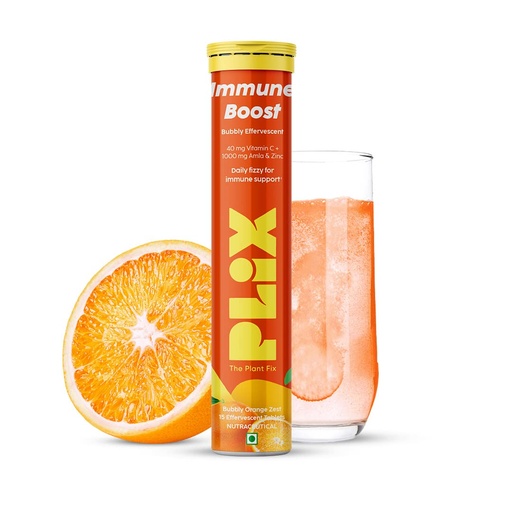 [BRSW2AA5B4BA4DTJ] PLIX - THE PLANT FIX Vitamin C Immunity Booster 15 Effervescent Tablets,Pack Of 1 (Orange Flavour),Contains Amla And Zinc,Helps Improve Mood,Increases Energy Levels,Gluten-Free,Non-Gmo,Vegan