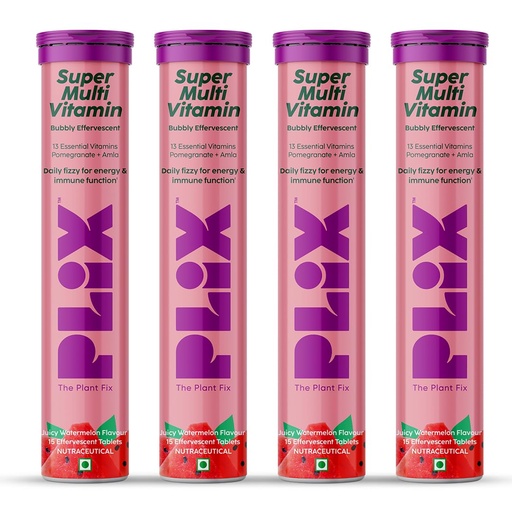[BRSROZICCB6AMDL6] PLIX - THE PLANT FIX Multivitamin 15 Effervescent Tablets (Pack of 4, Juicy Watermelon) for Daily Nutrition | Strengthens Immune System, Energy, Enhanced Performance & Stamina, 100% RDA