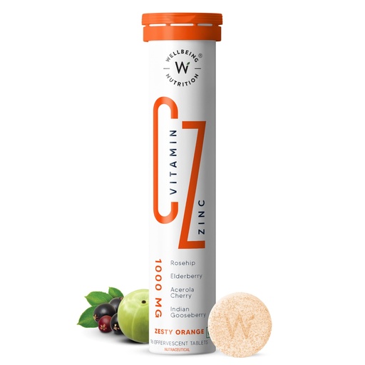 [BRSW2HQYAUFR6YD4] Wellbeing Nutrition Natural Vitamin C + Zinc 1000mg with Amla, Rose Hip, Acerola Cherry | Organic Immunity Booster, Helps Build Collagen for Healthy Hair, Skin & Nails, 16 Effervescent Tablets