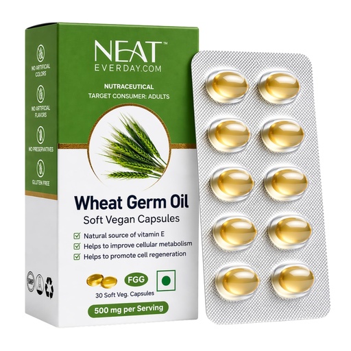 [BRSRGHQOBAHGYEIV] Neat Everyday Wheat Germ Oil Cold Pressed Capsules 1000mg – 30 Vegan Softgels (Blister Pack) | Vitamin E Antioxidant for Skin, Hair, Heart & Immune Health