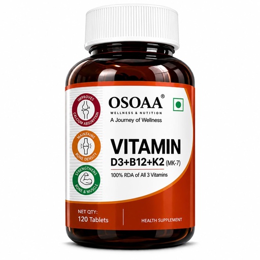 [BRSW2AIEOAGR43A4] OSOAA Vitamin D3 K2 MK7 Supplement - 120 Tablets | Vitamin D3 (600 IU) | Promotes Calcium Absorption, Bone Health, Muscle Strength & Immunity | Plant Based Vitamin D3- Lichen Source