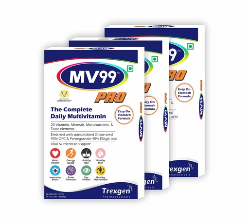 [BRSWYHYRCAHBEC3U] Trexgen® MV99™-PRO The Complete Daily Multivitamin with A,D,E,K,B-Complex, C, Multiminerals Micronutrients & Trace elements with Grape Seed & Pomegranate extract (3x10 = 30 Tabs)