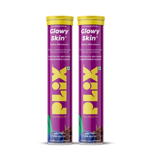 [BRSREYAZOQBQ4YD2] PLIX - THE PLANT FIX Glutathione Effervescent Tablets for Clear, Glowing & Youthful Skin | 500mg Glutathione, Vit E & Hyaluronic Acid | No Maltodextrin, No Sugar | Pack of 2 (30 tabs) | Grape