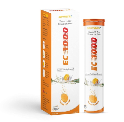[BRSRMYAKDF5RAALX] EC 1000 Vitamin C 1000mg with Zinc, Effervescent Tablets, Orange Flavour – Immune Support & Antioxidant, Sugar-Free – 10 Tablets