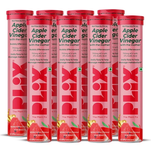 [BRSRYFQ5C4MAG23O] Plix Apple Cider Vinegar Effervescent Tablets Watermelon Flavour | 750mg ACV with The Mother | Supports Digestion & Metabolism | Helps Manage Cravings | Vitamin B6 & B12 | No Added Refined Sugar | Pack of 8