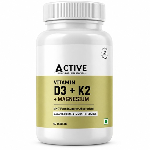 [BRSRYGAEAAFA4ELJ] Active Vitamin D3 + K2 + Magnesium Tablets, 60 Tablets