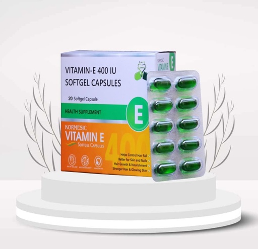 [BRSRYYD7AFYR6EIV] KORMESIC VITAMIN E 400 (Pack of 20 Capsule) For Face and Hair, Antioxidant Support and Immunity Booster Controls Wrinkling, Skin Dehydration