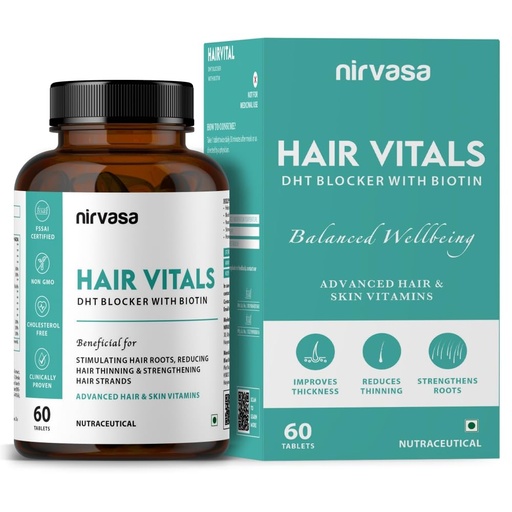 [BRSRMAL2AQIWCYLO] Nirvasa Hair Vitals DHT Blocker with Biotin (650mg) – 60 Tablets | Supports Hair Growth, Strength & Thickness | Reduces Hair Fall & Breakage | With Beta-Sitosterol | For Men & Women – Pack of 1