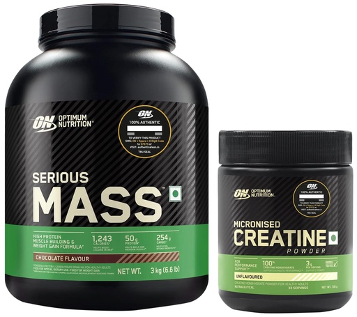 [BRSROAA7CEMGMCTB] OPTIMUM NUTRITION (ON) Serious Mass High Protein High Calorie Weight Gainer Powder - 3 kg (Chocolate) & (ON) Micronized Creatine Powder - 100 Gram, Unflavored., 2 count, 33 servings