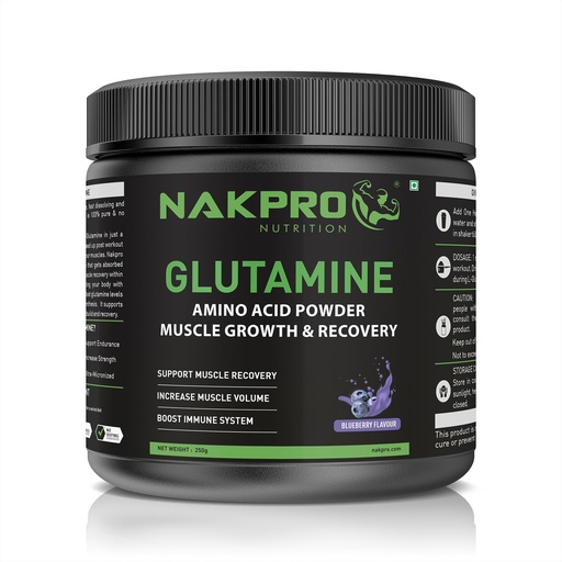 [BRSROFT6O4JQA3DX] Nakpro L-Glutamine Powder - JAR | 4g Glutamine Per Serving, 50 Servings | Post Workout Amino Acid Protein Supplement for Muscle Growth and Recovery (Blueberry, 250g)