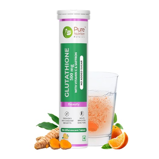 [BRSW2CDQPIPA4HTP] Pure Nutrition L-Glutathione 500mg 15 Effervescent Tablets for Men & Women | With Vitamin C & Saffron | Anti-Aging Antioxidants for Glowing & Clear Skin | Supports Skin Brightening, Detox & Immunity | Orange Flavour