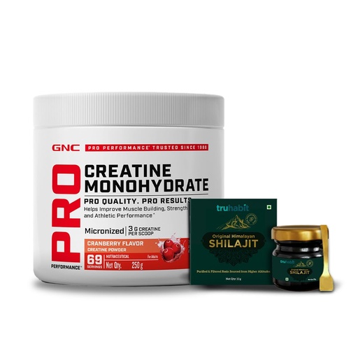 [BRSRAFABAEAQGCLX] GNC Pro Performance Pure Micronized Creatine Monohydrate with Free Shilajit|250 gm & 10 gm Shilajit|Instantized|Fuels Muscles|Increase Muscle Mass|Rapid Absorption|Cranberry,powder,2 count,69 Servings