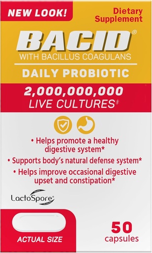 [BRSWGFD5AUIB6GTD] Bacid Daily Probiotic con Bacillus Coagulans, 50 Cuenta, Suplemento de Digestión para mejorar el estreñimiento ocasional