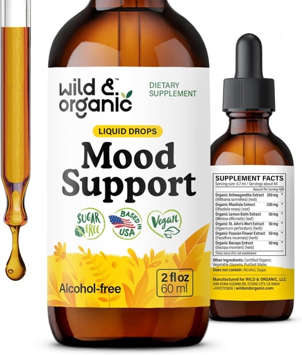 [BRSROY32AQMBS3L5] Wild & Organic Mood Support Drops - Good Mood Supplements w/Ashwagandha Root & Rhodiola Rosea - Natural Liquid Drops for Positive Energy - Calm and Relax Supplements for Women and Men - 2 oz