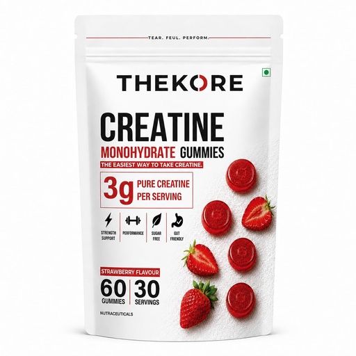 [BRSRYFDYB55GKGTK] THEKORE Creatine Gummies | Creatine Monohydrate 3g per Serving | Sugar Free | 60 Gummies | 30 Servings | Strawberry Flavour | Chewable Creatine Supplement for Muscle Strength & Performance