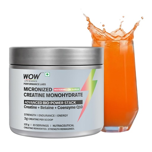[BRSRGFA7AABQKALD] WOW Life Science Micronized Creatine Monohydrate Powder – ADVANCED BIO‑POWER STACK | 3g Creatine per Scoop with Betaine & Coenzyme Q10 | Strength, Power & Lean Muscle Support | No Bloat Formula | No Added Sugar | Great Tasting | For Men & Women | 135g (33 Servings) | Watermelon