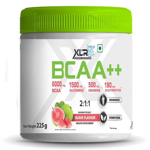 [BRSRMGQ2B4MQ2HTG] XLR8 BCAA++ Powder Supplement 2:1:1 with Vegan Instantised BCAA 5000mg,1500mg Glutamine, 500mg Arginine &180 Electrolytes (225 g (Pack of 1), Guava)