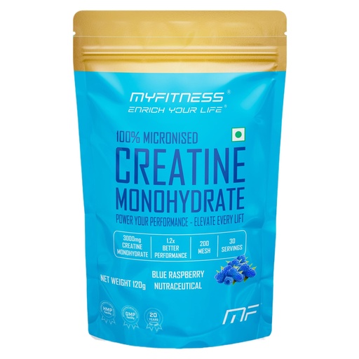 [BRSRABA5O4PGO3AY] Myfitness Creatine Powder Monohydrate 100% Micronized | 30 Servings | Flavoured | 120g | Creatine Powder With Added Electrolytes (120g (Pack Of 1), Blue Raspberry)