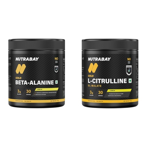 [BRSRYEIOBBYQAE35] Nutrabay Gold Beta Alanine Supplement Powder 120g, Lemon Flavor – Pre Workout Amino Acid for Endurance & Fatigue Reduction & Gold Citrulline Malate 2:1 Supplement Powder 120g, Lemon Flavor – Boosts