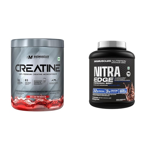 [BRSRYYADBYAWKE3X] Bigmuscles Nutrition Creatine [257g, 83 Servings] | Sex On The Beach | Micronized Creatine Monohyd | Bigmuscles Nutrition Nitra Edge PB Whey Protein Powder [2kg, Rich Chocolate] | 32g Protein [Isolat