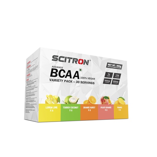 [BRSROCA5CV5GOFDA] Scitron Advanced 100% VEGAN BCAA Variety Pack | Build Lean Muscle, Recover Faster | 5 Flavours Variety Box – 30 Servings (6 Single Servings of each flavour - Lemon Lime, Tender Coconut, Orange Burst, Peach Orange, Mango)