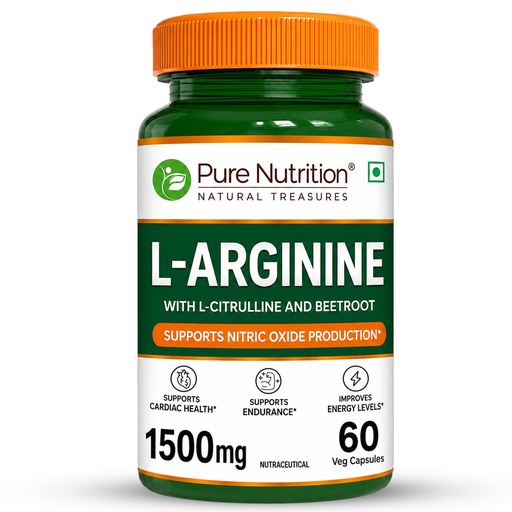 [BRSWGGT6BAPQOYDV] Pure Nutrition L Arginine Capsules 1500 mg | L-Arginines Supplements For Man | L Arginine L Citrulline Combo Improves Oxygen Flow with Caffeine & Beetroot Extract | Energy & Endurance Supplement for Men & Women - 60 Veg Capsules