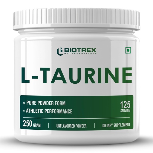 [BRSRGBI3OUBQG2TU] Biotrex Nutraceuticals L-Taurine Powder | Amino Acid Supplement For Athletic Performance | Cardiovascular Health & Enhances Muscle Function | Men & Women - 250Gram (Serving 125)