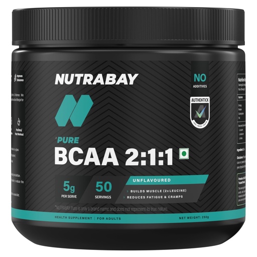 [BRSWGCYLOR7WEGTA] Nutrabay Pure BCAA 2:1:1-5000 mg BCAAs | Intra/Post Workout Energy Drink for Muscle Recovery & Endurance - 250g Unflavoured