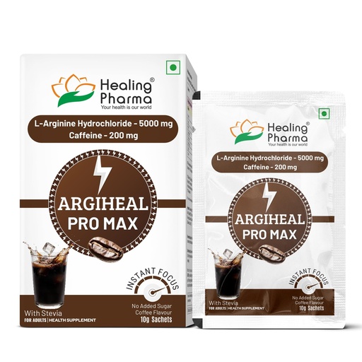 [BRSRYZI2OFYW2AD3] Healing Pharma - Argiheal Pro Max Caffeine 200mg + L-Arginine 5g Powder Sachets | Instant Energy & Focus Drink Mix | Coffee Flavour | No Added Sugar | With Stevia | Pre-Workout Supplement for Men & Women | Pack of 10 Sachets (10g each)