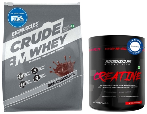 [BRSRA2TYAEPQIE3O] Bigmuscles Nutrition Crude Rich Chocolate 1Kilogram + Nutrition Creatine Whey Powder [100 g, 33 Servings]
