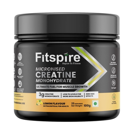 [BRSRAGLRDIGRUCTO] Fitspire Creatine Monohydrate Powder Lemon Flavour 100g (3g Per Scoop) | Fuel for Max Muscle Strength, Power & Growth | Improves ATP Production