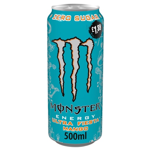 [BRSRMZQNBAARAA3H] Monster Energy® Ultra Fiesta® Mango Carbonated Energy Drink | L-Carnitine + Taurine + Zero Sugar, 16.91 fl oz ℮ 500 ml