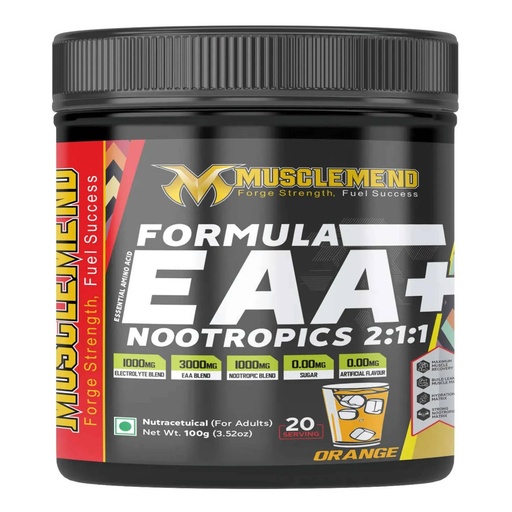 [BRSRAAT6CEHBOEQ3] FORMULA EAA+NOOTROPICS 2:1:1 With | EAAs + BCAAs Powder | Muscle Recovery, Strength, Muscle Building, Endurance | 5G Essential Amino Acids + Electrolytes | 20 Servings (100gm, Orange)
