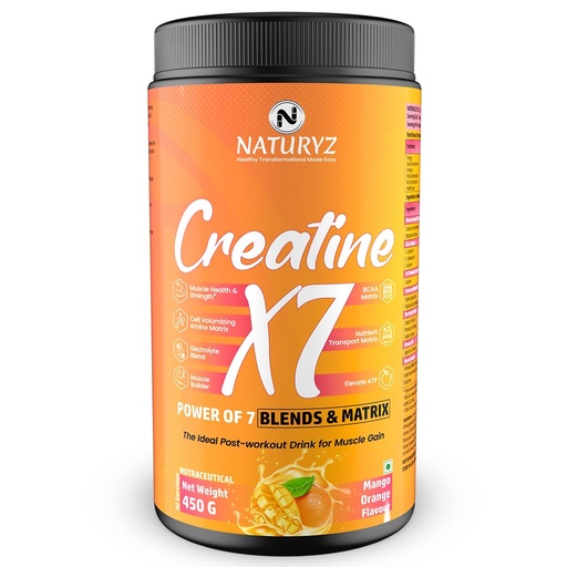 [BRSRAZATOADQKG3D] NATURYZ Creatine X7 Pure Micronized Creatine Monohydrate Post Workout drink | Rapid Absorption with Aminos | BCAA | ATP Transport Matrix | Muscle Growth & Strength | Power of 7 Blends | Muscle Builder- 450g(Mango Orange)