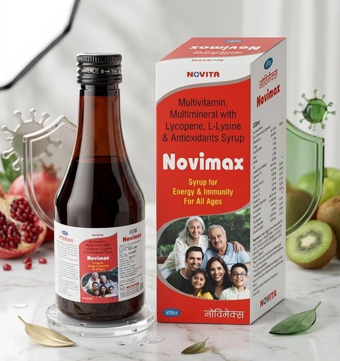[BRSRYYIPBUBAE3IY] Novimax Syrup with Lycopene, L-Lysine, Vitamin C, Zinc, Selenium & B-Complex Vitamins | Nutritional Syrup for Daily Wellness Support | Family Use | 200 ml
