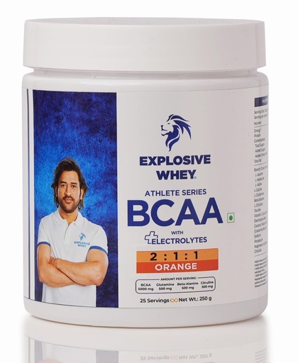 [BRSRAAIDAEAWEAD2] Explosive Whey Athlete Series BCAA - 250g | Trusted By M.S. Dhoni | 5g BCAA (2:1:1 Ratio) + 500mg Glutamine | Enhanced Muscle Recovery & Endurance | Intra workout (250 Gm, Orange)