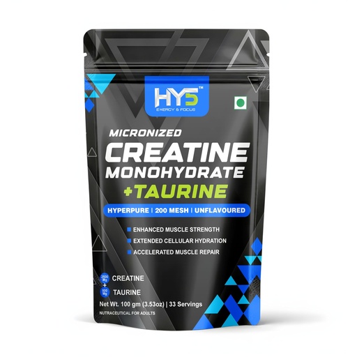 [BRSRYZAFBAPRSAIV] HY5 Micronized Creatine Monohydrate + Taurine Powder 100g | 2.5g Creatine & 500mg Taurine Per Serving | 200 Mesh | Unflavoured | Muscle Strength, Hydration & Recovery | 33 Servings