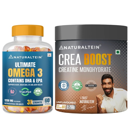 [BRSRGBQEORYBS2T5] Naturaltein Creatine Monohydrate Unflavoured 250g (83 Servings) + Omega 3 Fish Oil 1250mg Triple Strength 60 Softgels | Muscle Strength, Power, Recovery & Heart Health Combo