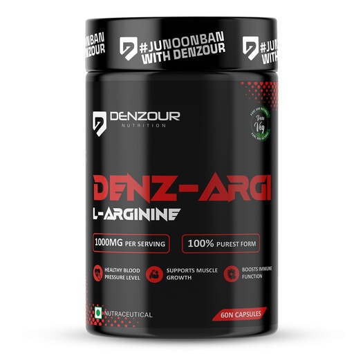 [BRSRAYD3DF4BGFA7] DENZOUR NUTRITION L-Arginine 1000 mg – 60 Veg Capsules | Supports Muscle Growth, Healthy Blood Pressure, Stamina & Recovery | Immune Booster & Energy for Men & Women | Heavy Training Support