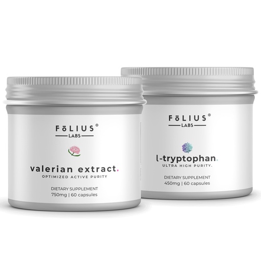 [BRSRYYIPAR4BM3IV] FOLIUS LABS Clean Label L-Tryptophan Supplement 450mg + Valerian Root 4:1 Extract Capsules 750mg Combo | Promotes Relaxation, Supports Restful Sleep - 60+60 Capsules