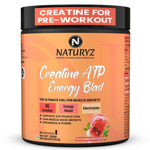 [BRSRAZATORYWKF3V] NATURYZ Creatine ATP Energy Blast 3G Creatine | Pre Workout ATP Energy Drink | Electrolytes | Supports Lean Muscle Mass & Volume, Endurance & Power for Intense Workout - 250g(Watermelon)