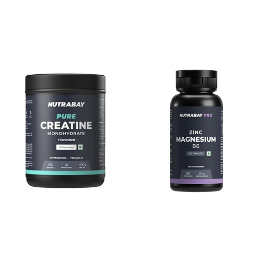 [BRSREAQ6DN6QIAYV] Nutrabay Pure Micronised Creatine Monohydrate Powder – 400g, Unflavoured With Pro Zinc Magnesium (ZMA) with 100% RDA Zinc, Magnesium Aspartate & Vitamin B6 – 60 Veg Tablets