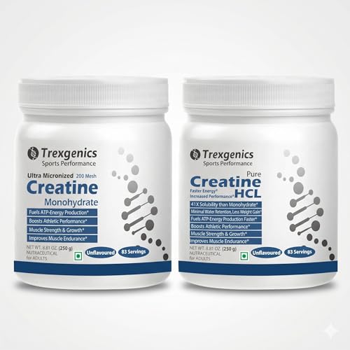 [BRSRYZT4B4HAKEY2] Trexgenics Micronized CREATINE MONOHYDRATE AND CREATINE HCL ULTRA PURE for Preworkout, Energy, Endurance, Performance (250 gm. 250 gm)
