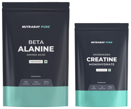 [BRSROFQNA4IAODY3] Nutrabay Pure 100% Beta Alanine Powder, Pre Workout supplement - 250g Unflavoured, 100 Servings & Nutrabay Pure Micronised Creatine Monohydrate Powder, (100g, Unflavoured)
